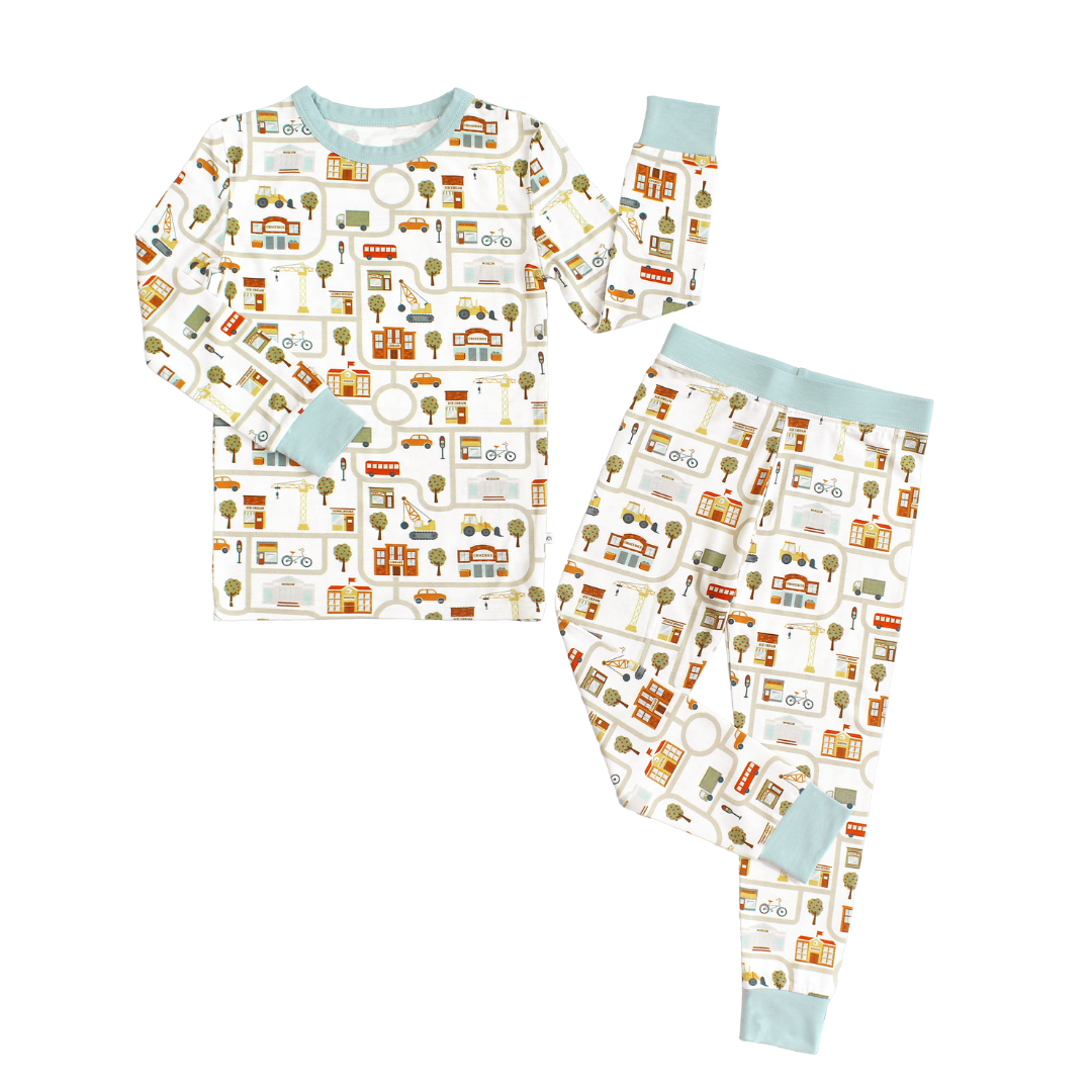 bamboo two piece pajama set with cityscape print design.