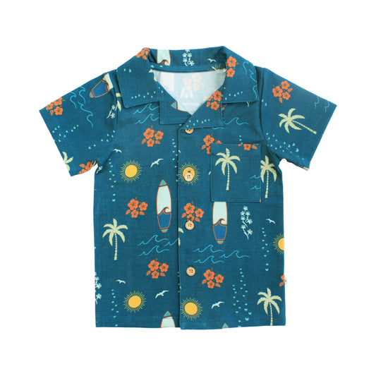 Surf’s Up boys button down shirt with surfboards and palm trees