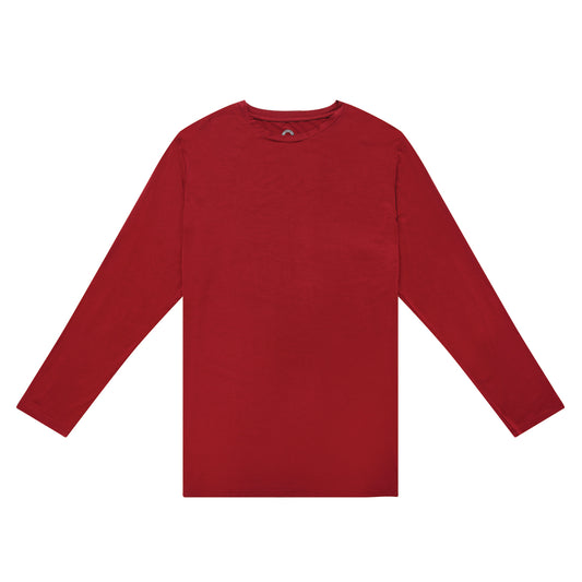 Flat lay of solid red bamboo long sleeve top, soft breathable fabric, perfect for pairing with printed bamboo lounge pajama pants.
