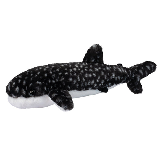 large whale shark stuffed toy with a black spotted back and a white tummy