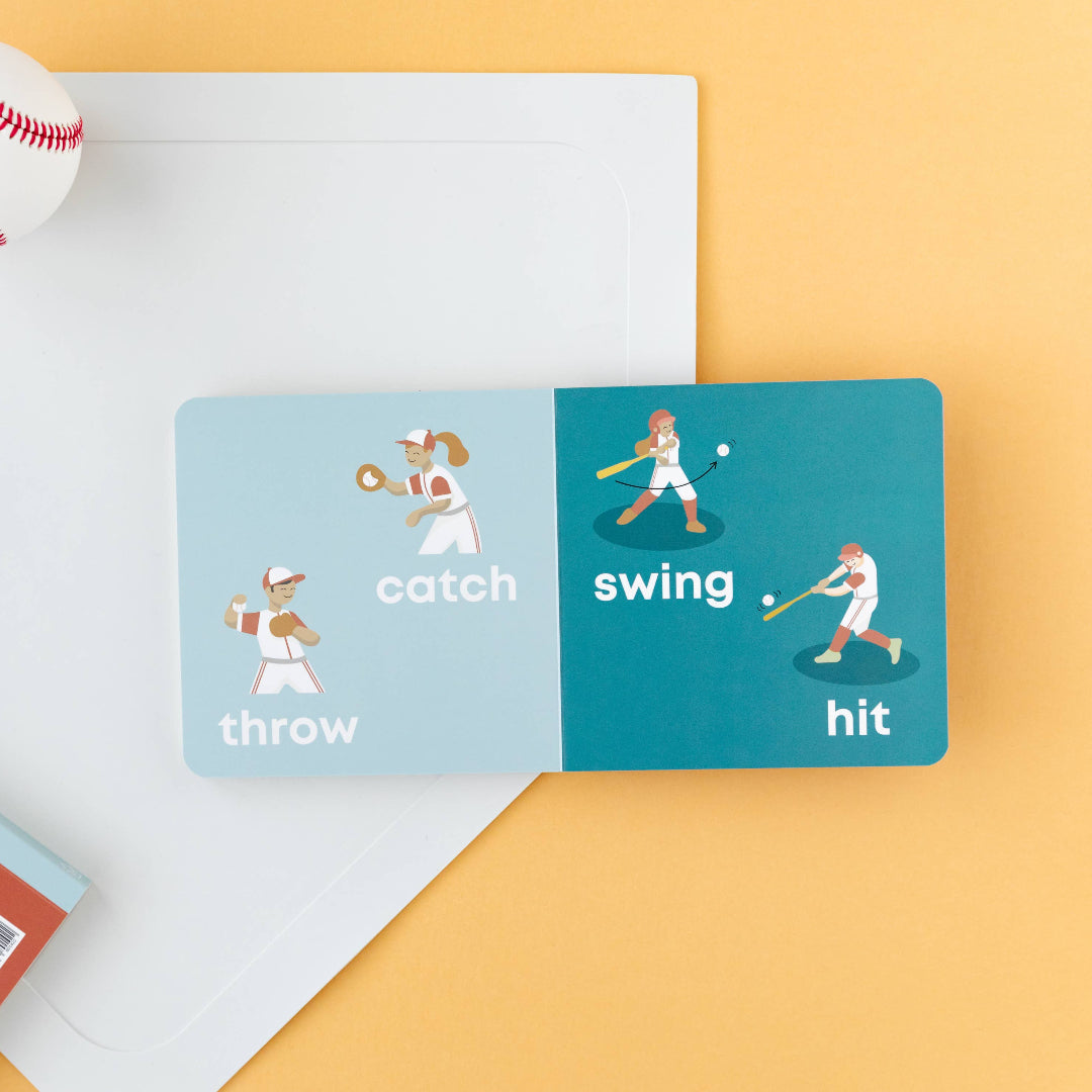 Educational card with illustrations of a baseball player and words on a yellow and gray background