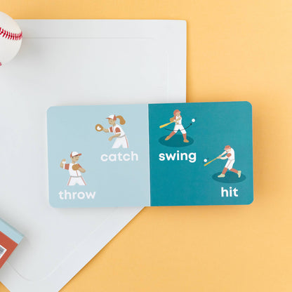 Educational card with illustrations of a baseball player and words on a yellow and gray background