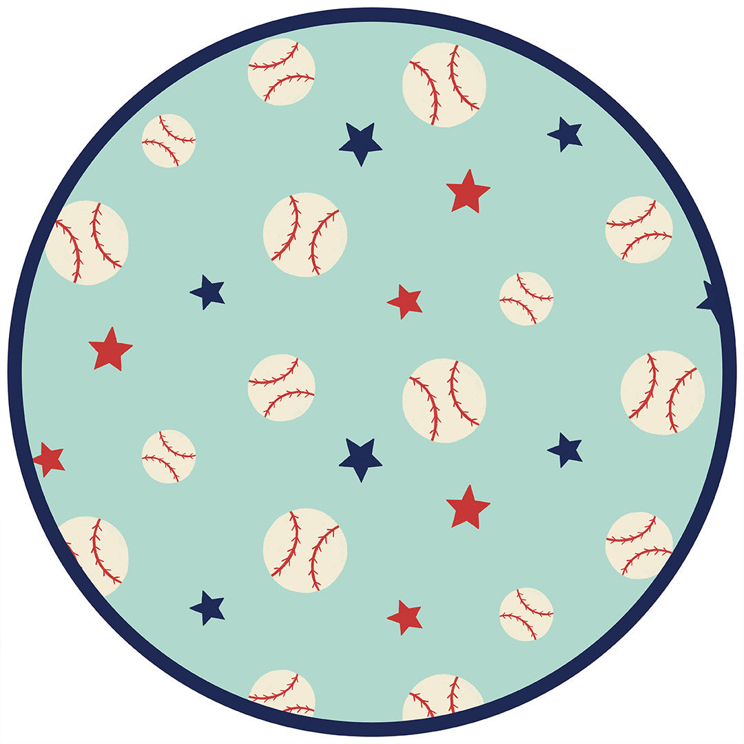 the "baseball buddies" print is a combination of baseballs, red stars, and blue stars scattered across a teal background. 