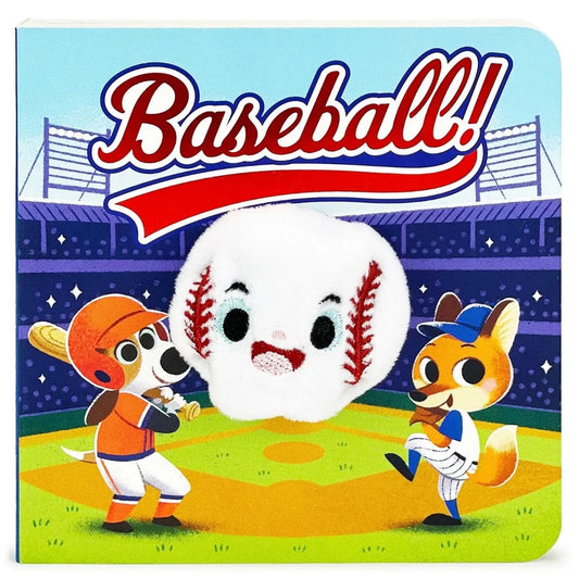 White and red baseball puppet on a multi-colored board book with a baseball scene