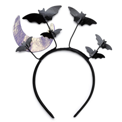 halloween headband that makes it look like bats are flying over your head and there is a moon attached as well