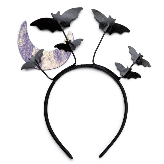 halloween headband that makes it look like bats are flying over your head and there is a moon attached as well