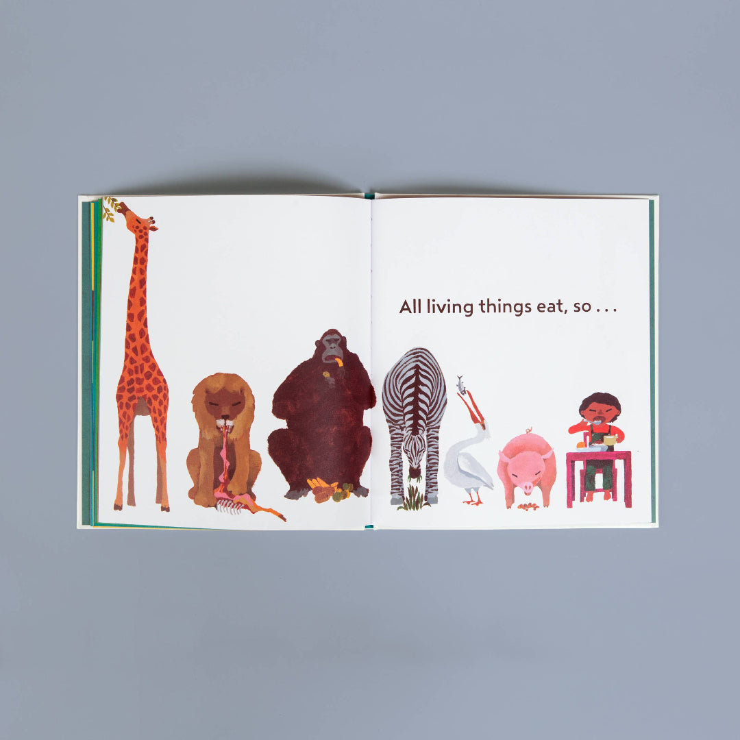 Open book with illustrations of animals and text on a gray background