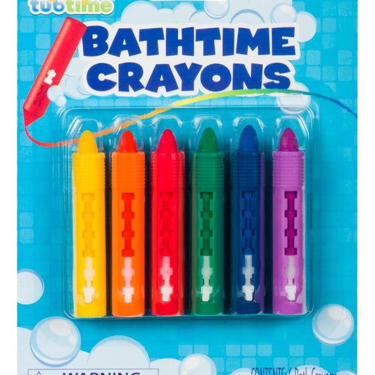 6 piece bathtime crayons in colors, yellow, orange, red, green, blue, and purple