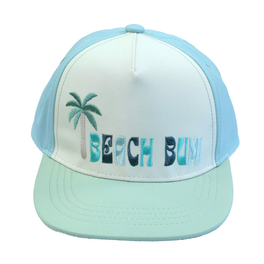 Cap with 'Beach Bum' text and palm tree design on a white background