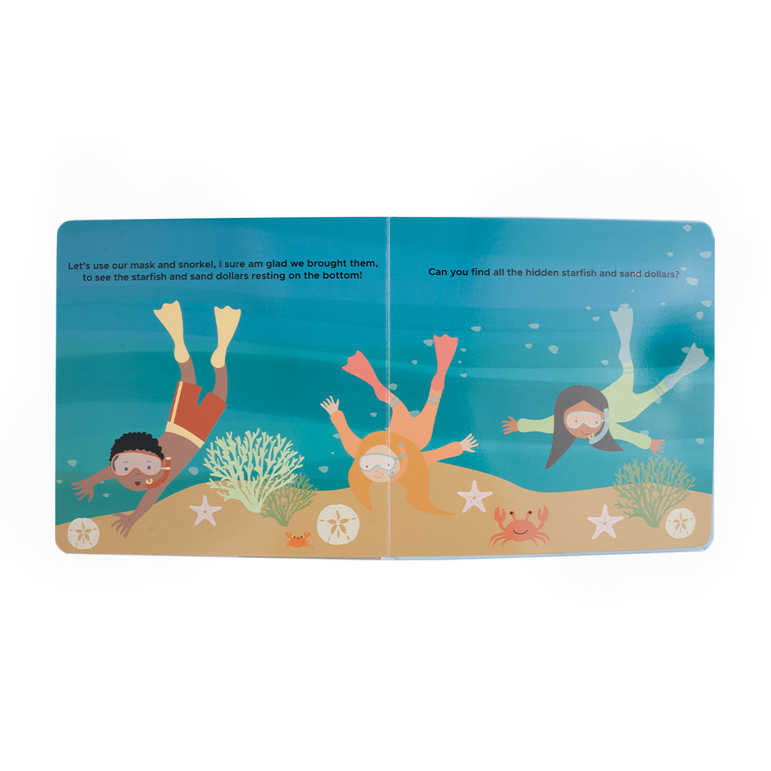 an excerpt from the book "beach day"- let's use our mask and snorkel, i sure am glad we brought them, to see the starfish and sand dollars resting on the bottom of the ocean. Can you find all the hidden starfish and sand dollars?