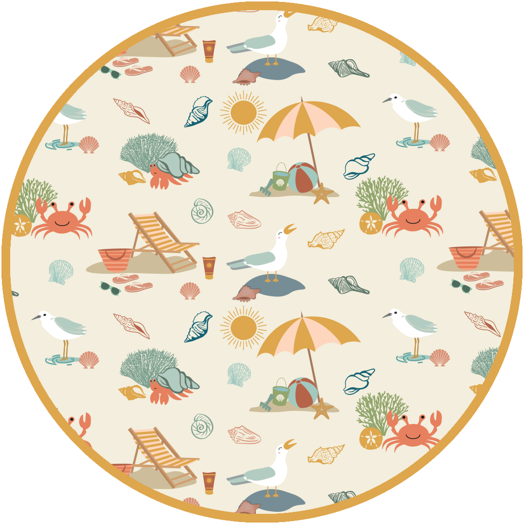 the "beach days" print is a scattered print of beach umbrellas, beach balls, sand buckets and shovels, coral, shells, beach chairs, seagulls, flipflops, and sunglass mixed in a orderly and creative way. 