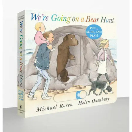 a book called "we're going on a bear hunt" and it has a family searching for a bear on the cover