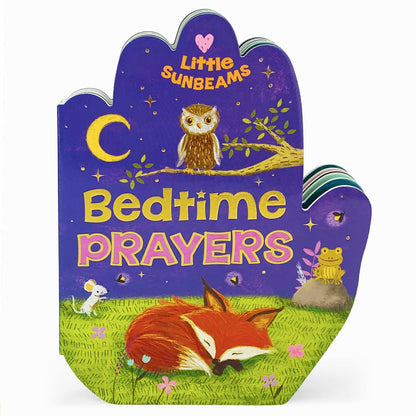 a book shaped like a hand thats called bedtime prayers and on the cover is a fox sleeping in the grass at night with an owl overhead and a frog and mouse in the background