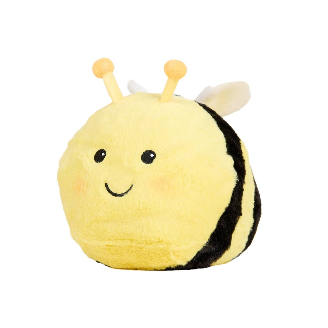 round yellow and black bumblebee stuffed toy that can go in the microwave to sooth and calm