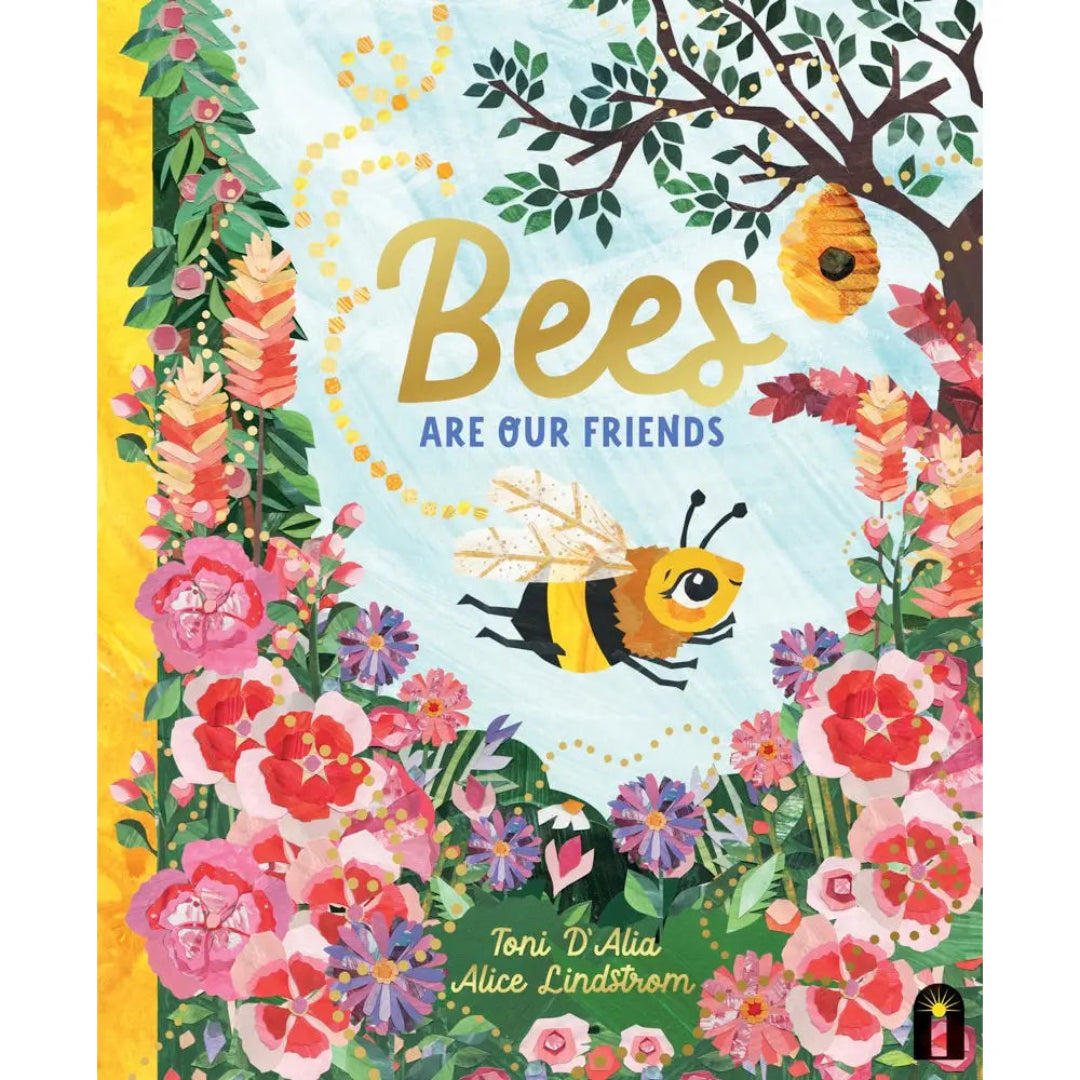 hardcover book with a bumblebee on the cover flying through a garden