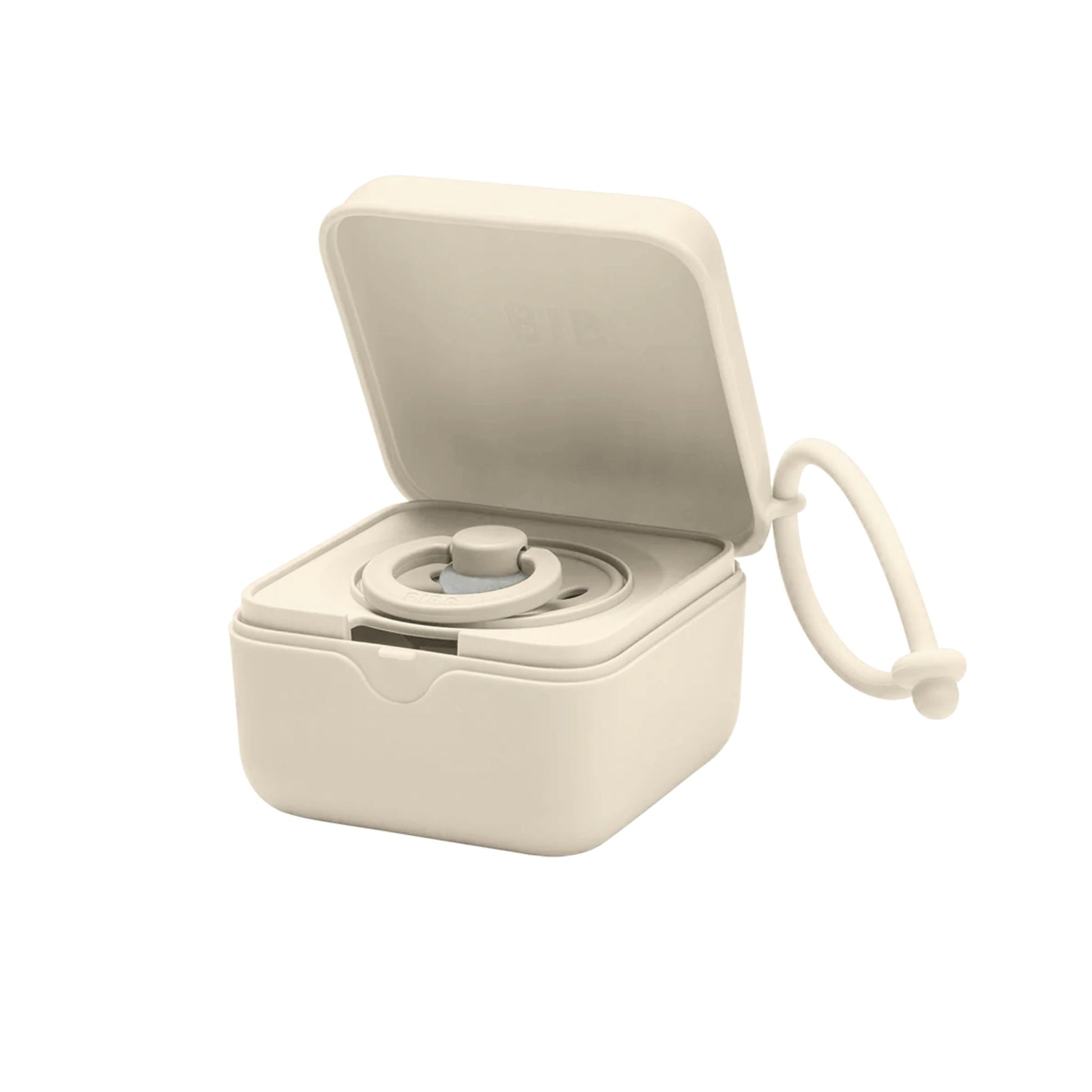 Beige portable washing machine with open lid on a white background