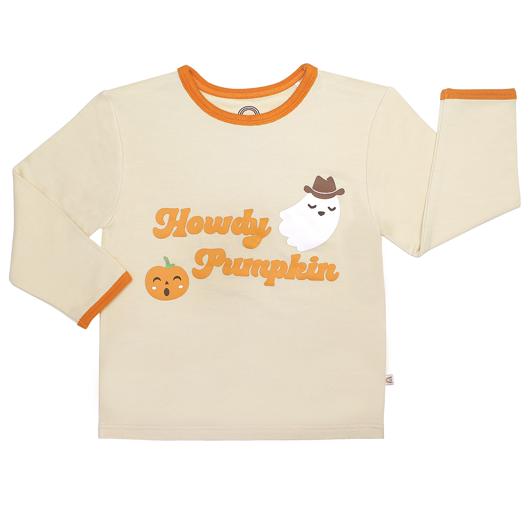 Howdy Pumpkin Halloween Long Sleeve Viscose Bamboo Terry Ringer Kids Tee Shirt