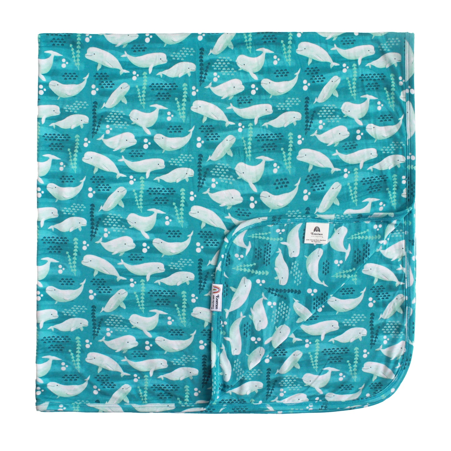 Reusable shopping bag with whale pattern on a blue background