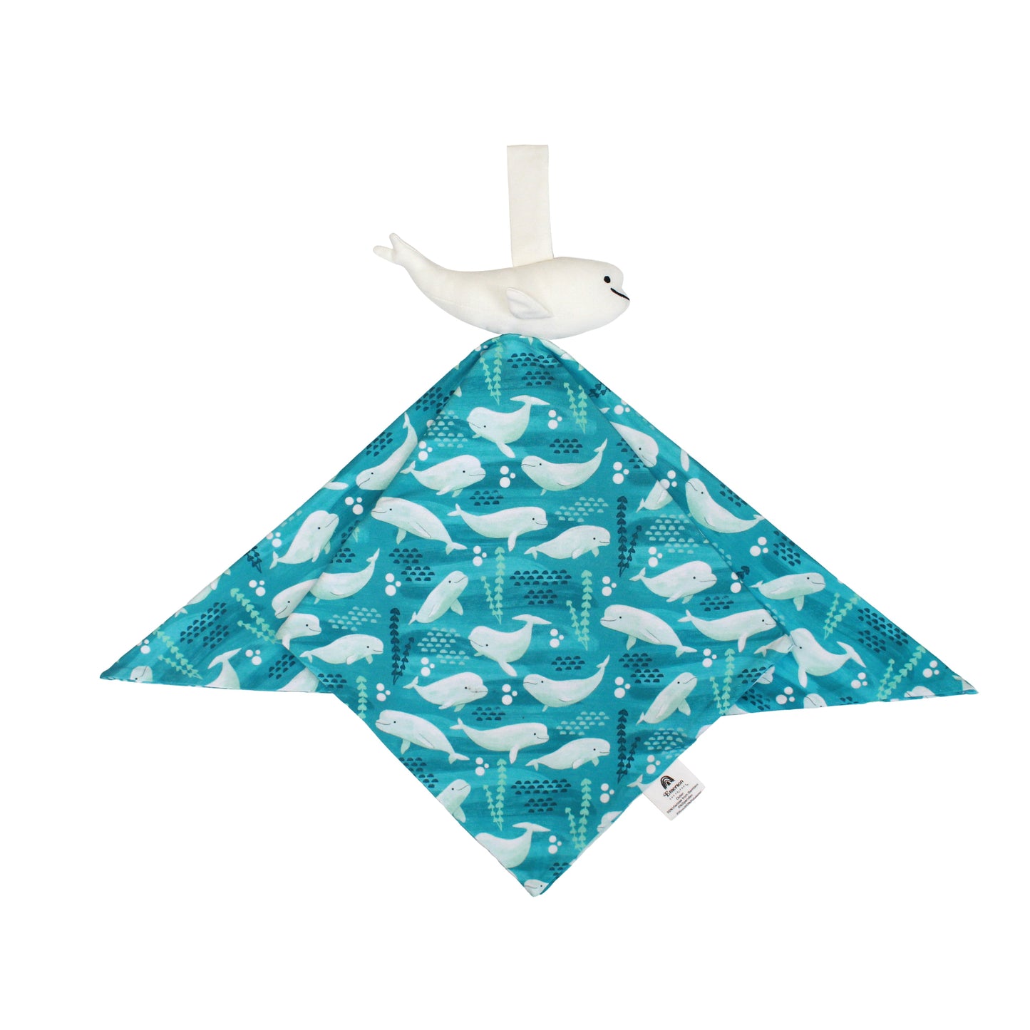 Teal baby blanket with white whale pattern and bird on top, on a white background