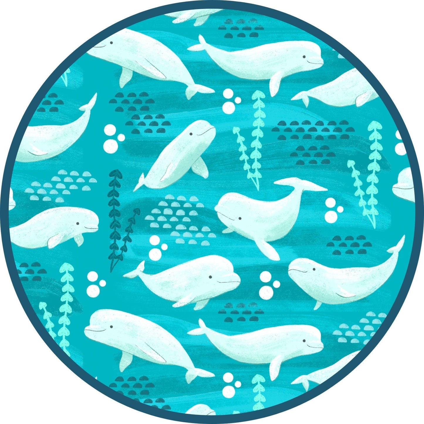Pattern of whales and underwater elements on a blue background