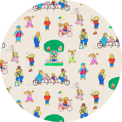 Circular design with cartoon characters on a beige background