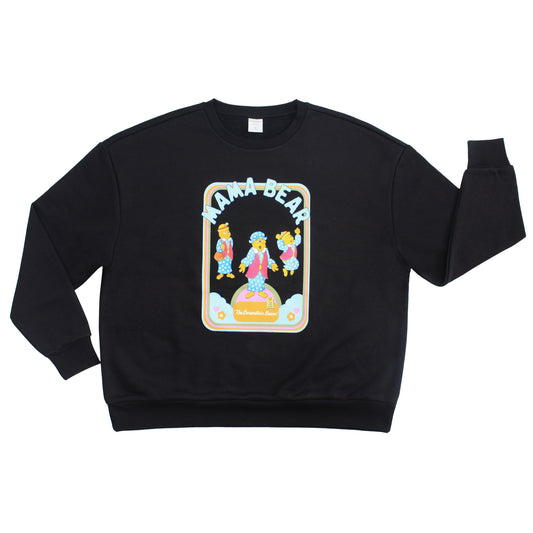 Black sweatshirt with colorful graphic design on a white background