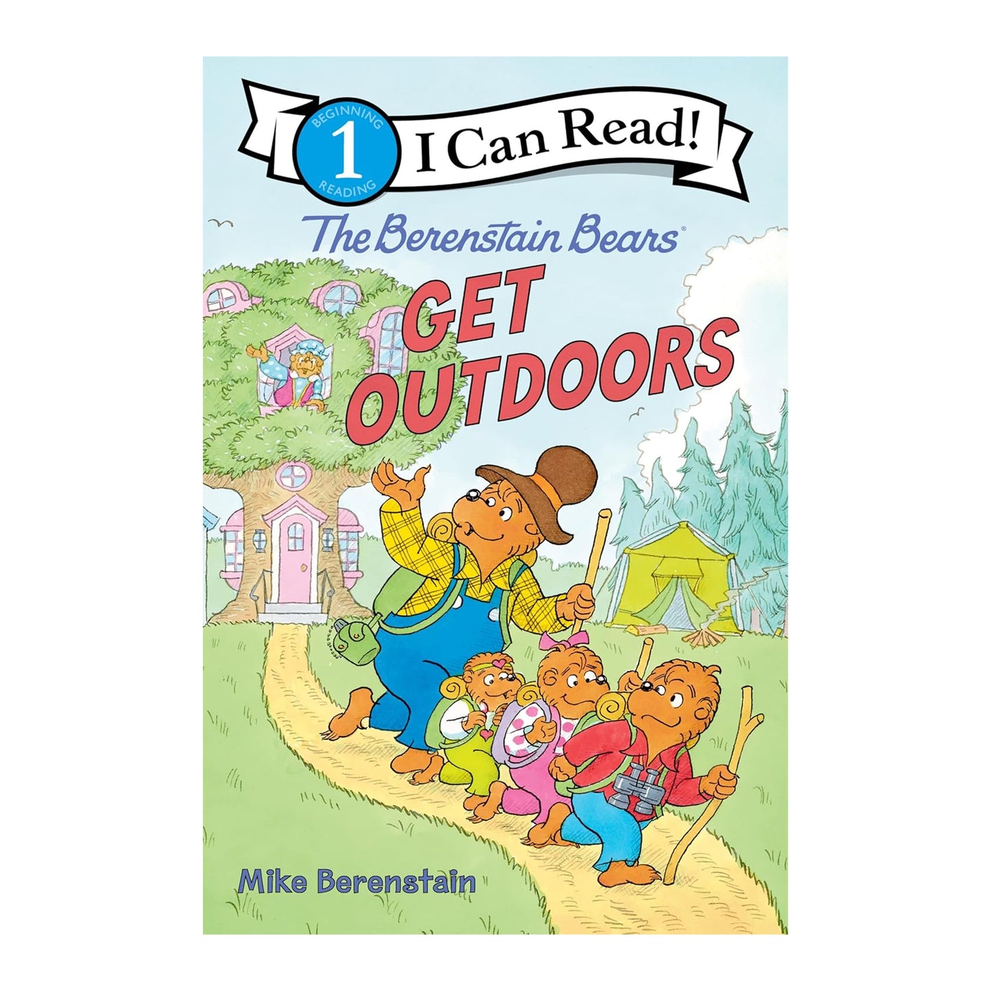 Book cover of 'The Berenstain Bears Get Outdoors' with cartoon characters and colorful illustration.