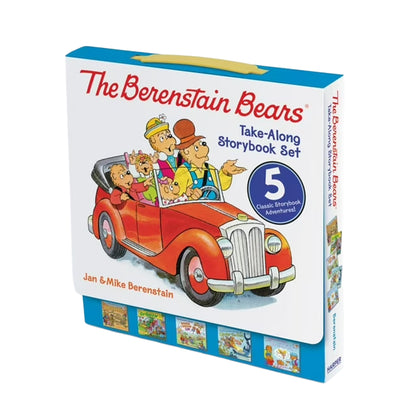 The Berenstain Bears take-along storybook set packaging with cartoon characters and car illustration.