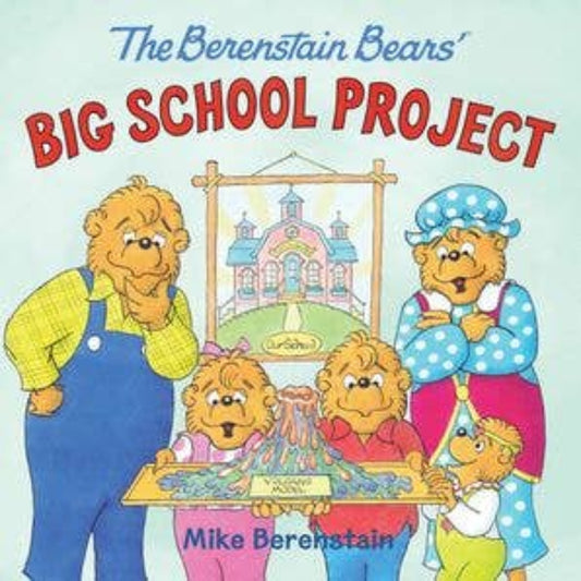 The Berenstain bears gathered around a school project thats a volcano