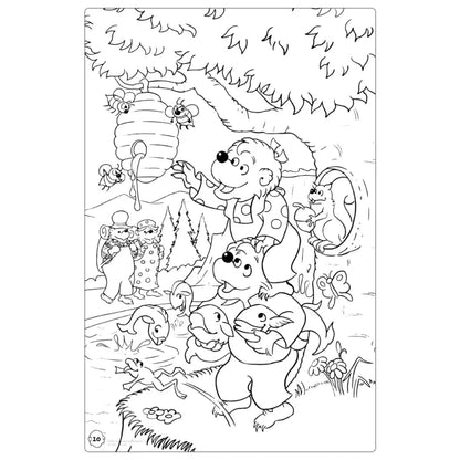 a coloring page showing brother and sister Berenstain Bear trying to get honey out of a bees nest high up in a tree