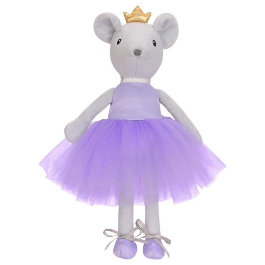 Grey ballerina mouse stuffed animal in a purple dress