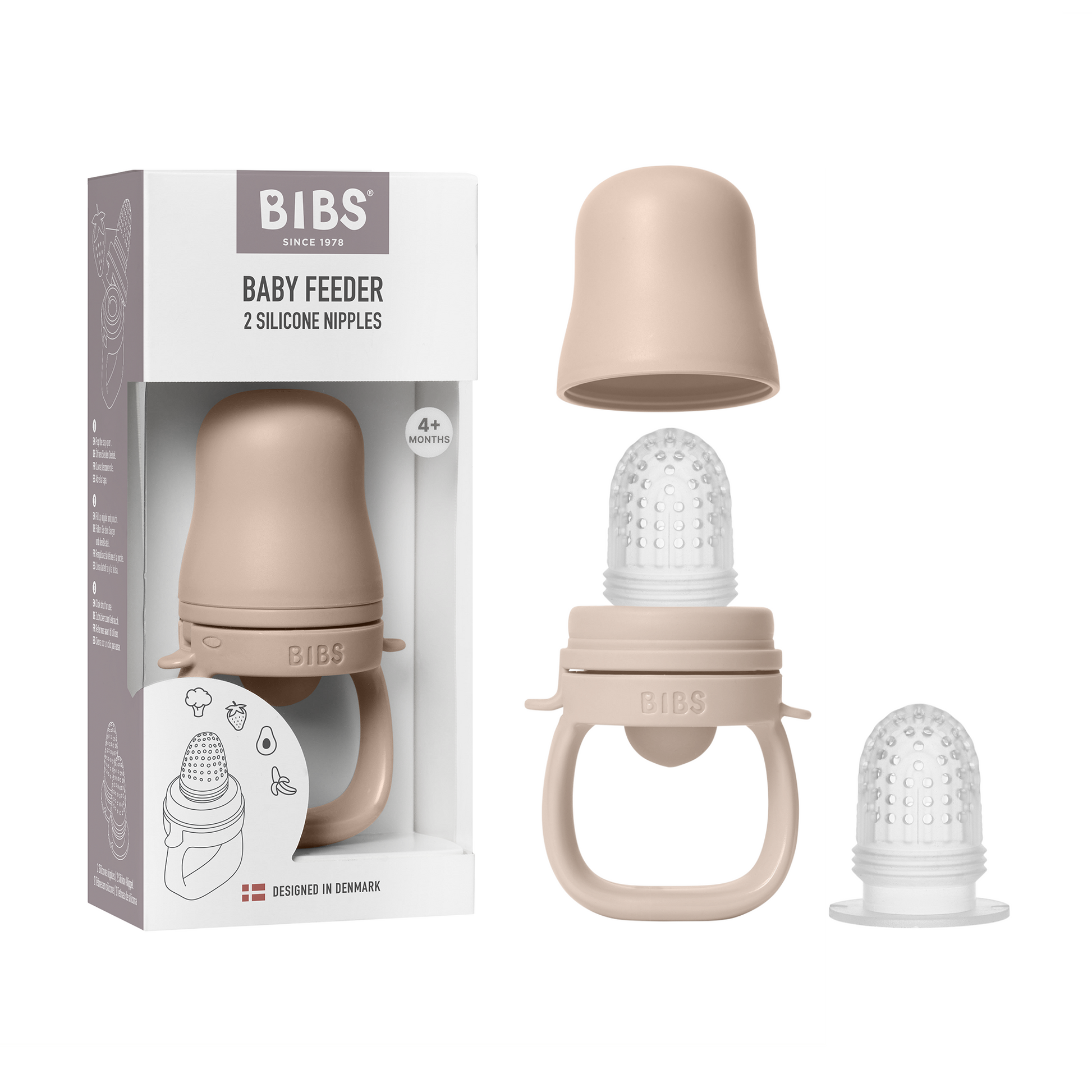 BIBS baby feeder with packaging and silicone nipples on a white background