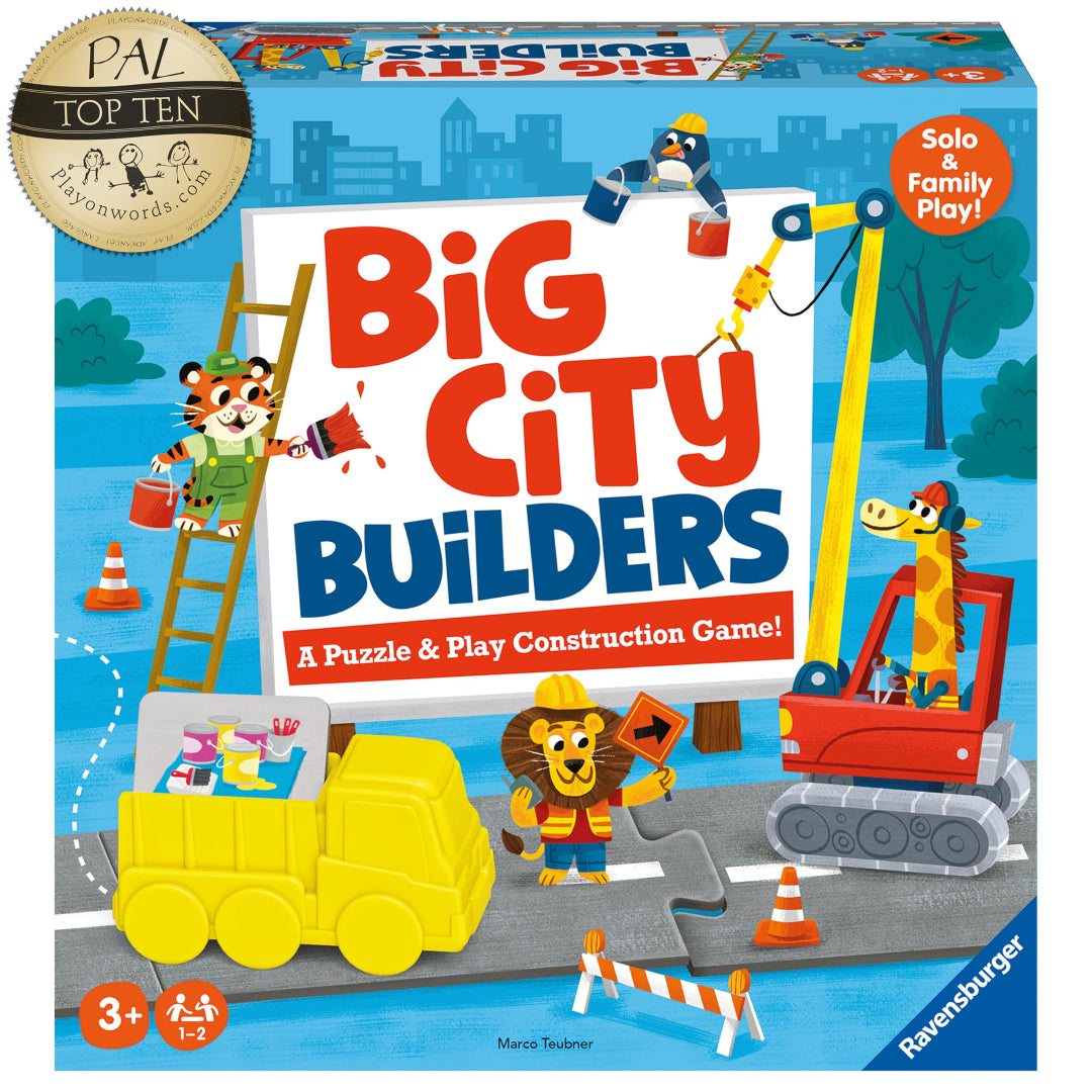 Board game box for 'Big City Builders' with colorful illustrations of construction-themed characters and vehicles.
