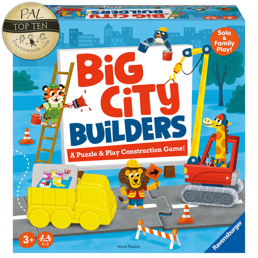 Board game box for 'Big City Builders' with colorful illustrations of construction-themed characters and vehicles.