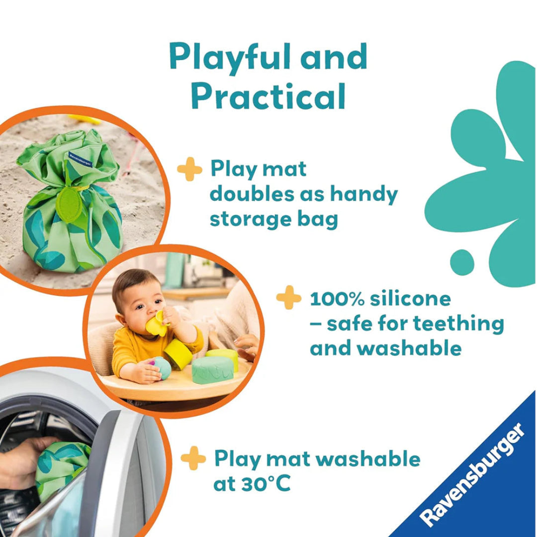 Product advertisement for a play mat and storage bag with Ravensburger branding.