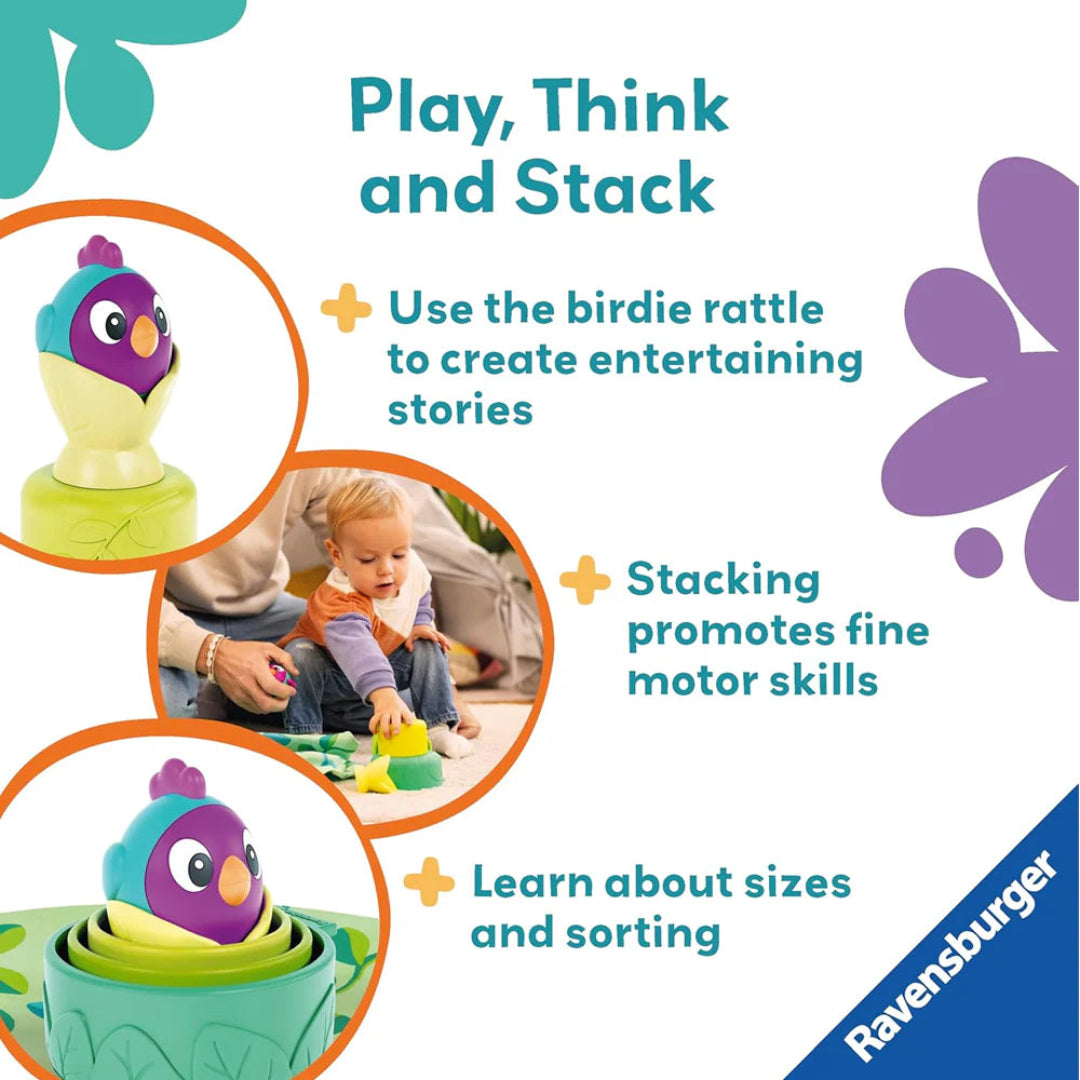 Promotional image of a toy set with Ravensburger branding, featuring text about play, think, and stack activities.
