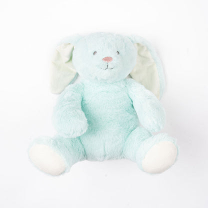 Flat lay baby blue bunny on a white background. 
