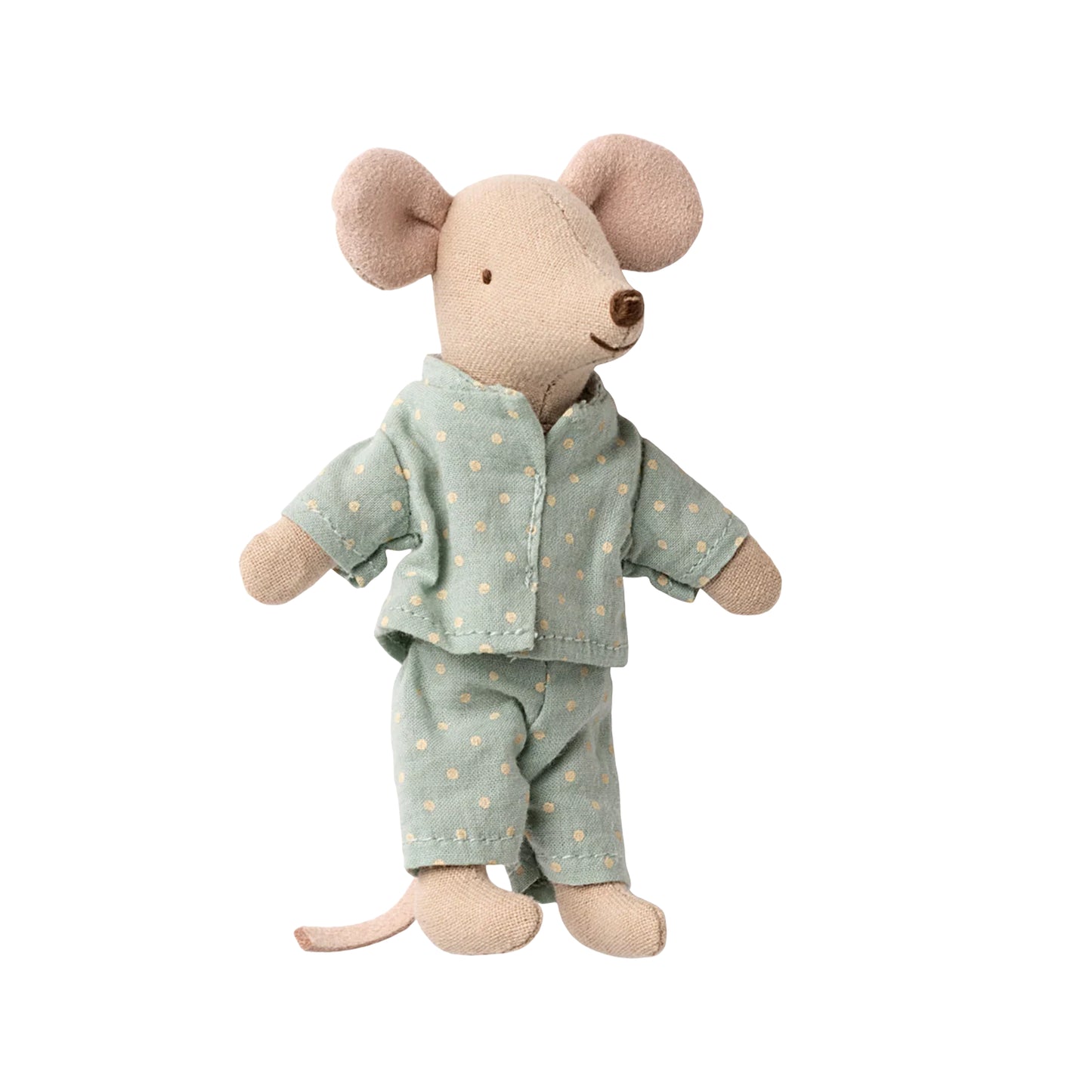 Stuffed mouse toy wearing a light blue outfit with small patterns on a white background