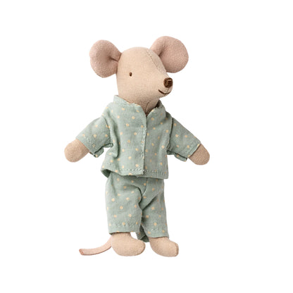 Stuffed mouse toy wearing a light blue outfit with small patterns on a white background