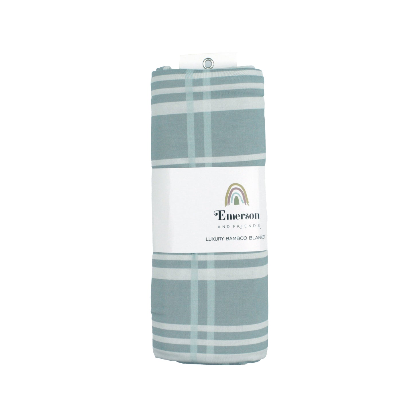 Folded blanket with striped pattern and Emerson and Friends branding on a white background