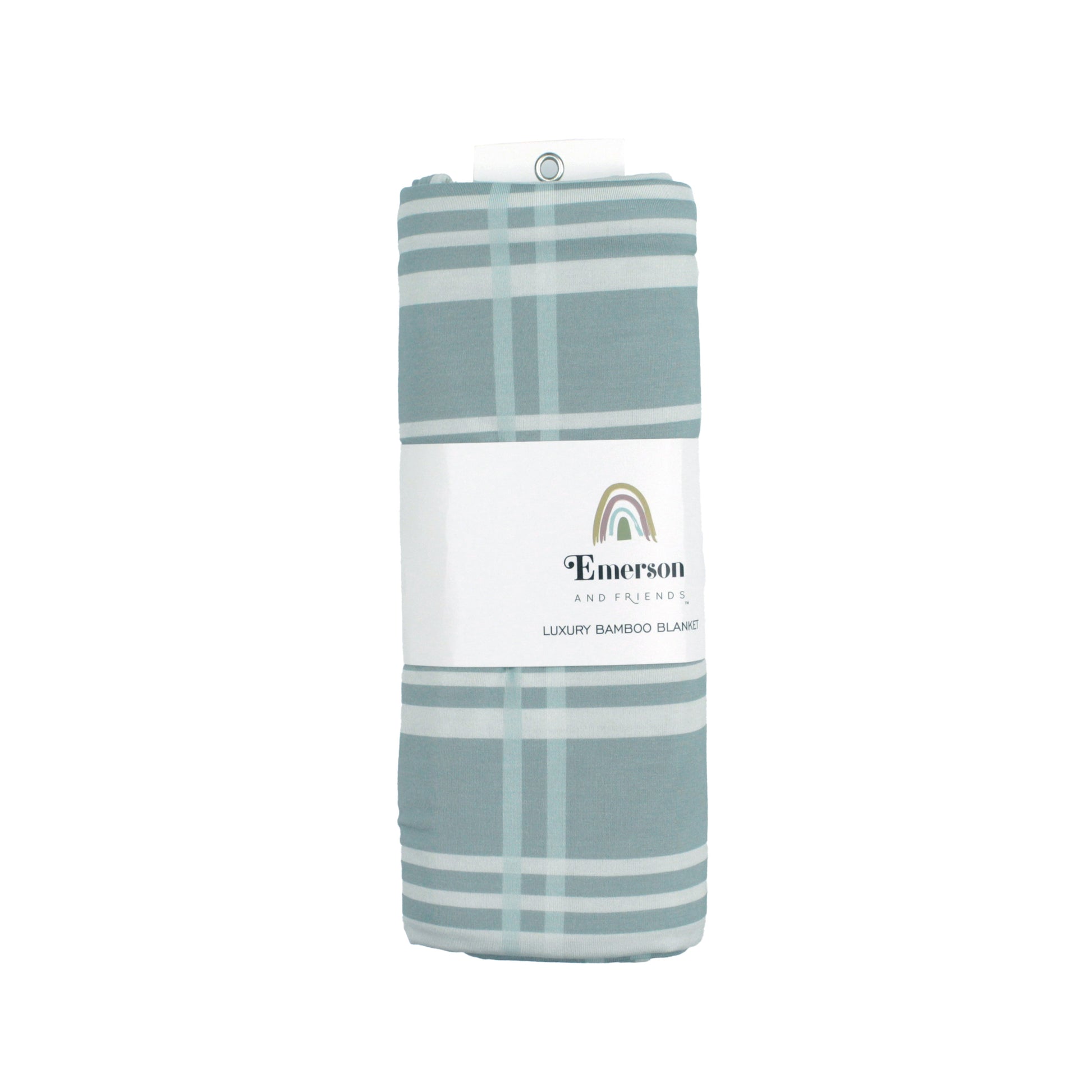 Folded blanket with striped pattern and Emerson and Friends branding on a white background