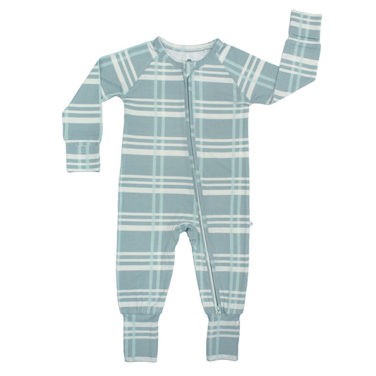 Blue plaid baby onesie on a white background