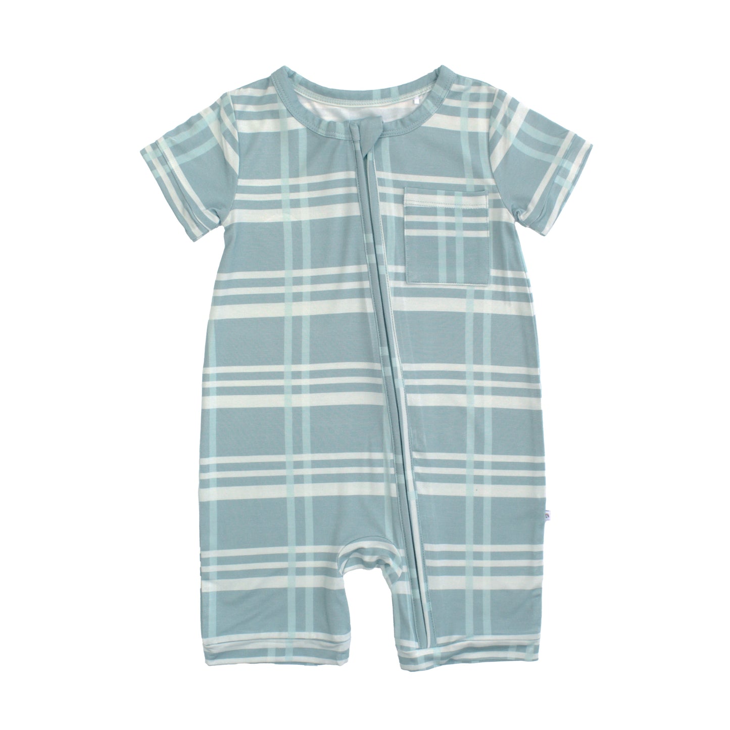 Blue and white checkered baby romper on a white background