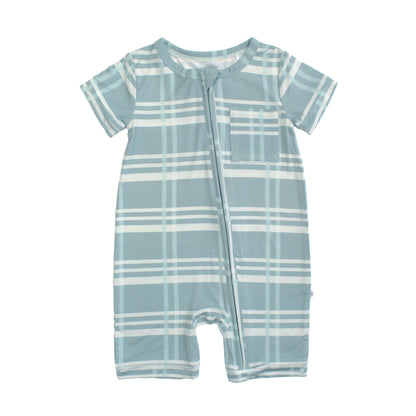 Blue and white checkered baby romper on a white background