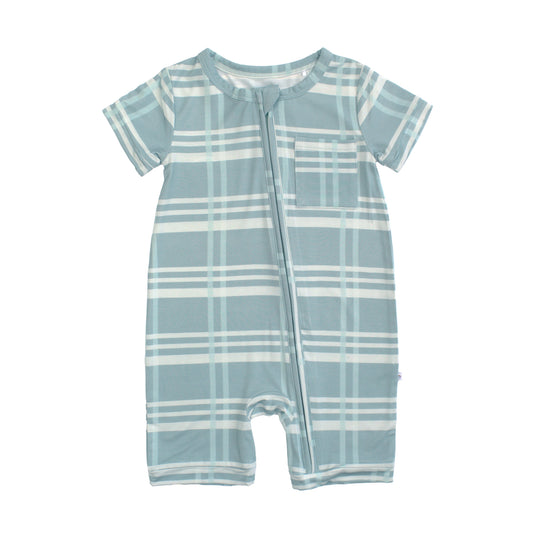 Blue and white checkered baby romper on a white background