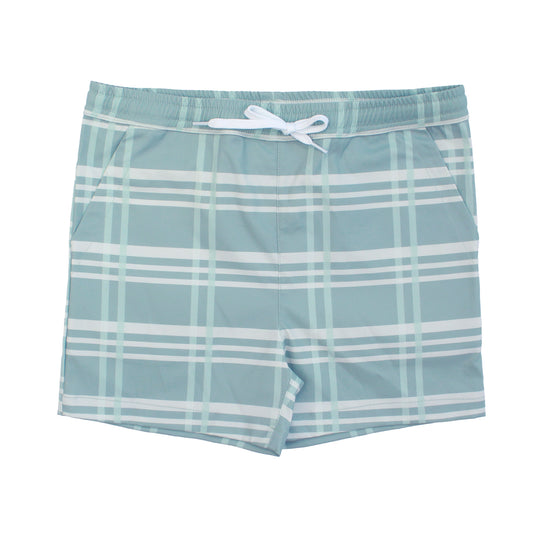 Plaid shorts with a white drawstring on a white background