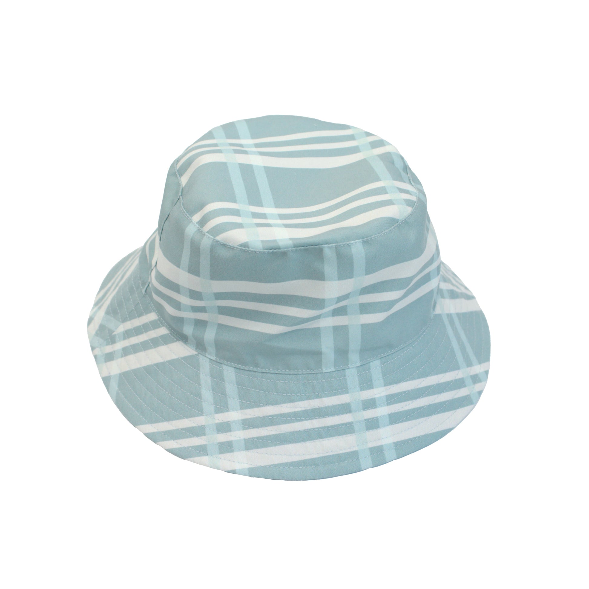 Light blue and white checkered bucket hat on a white background
