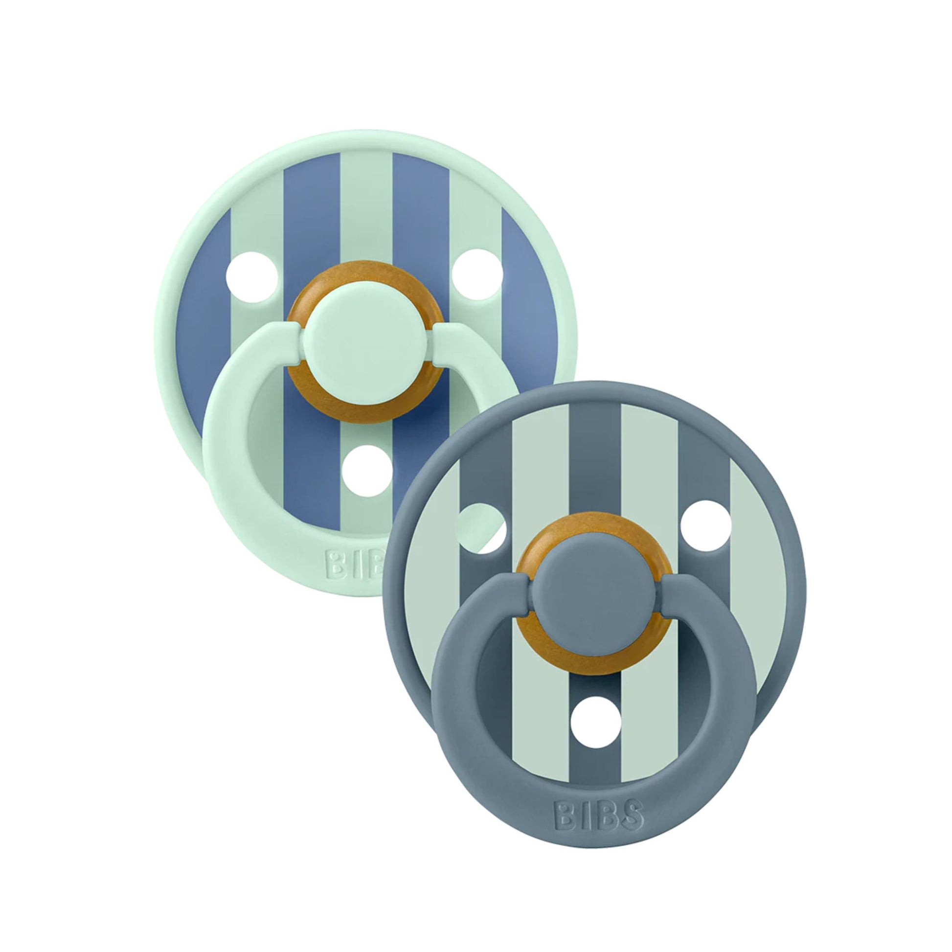 Two baby pacifiers with striped design on a white background