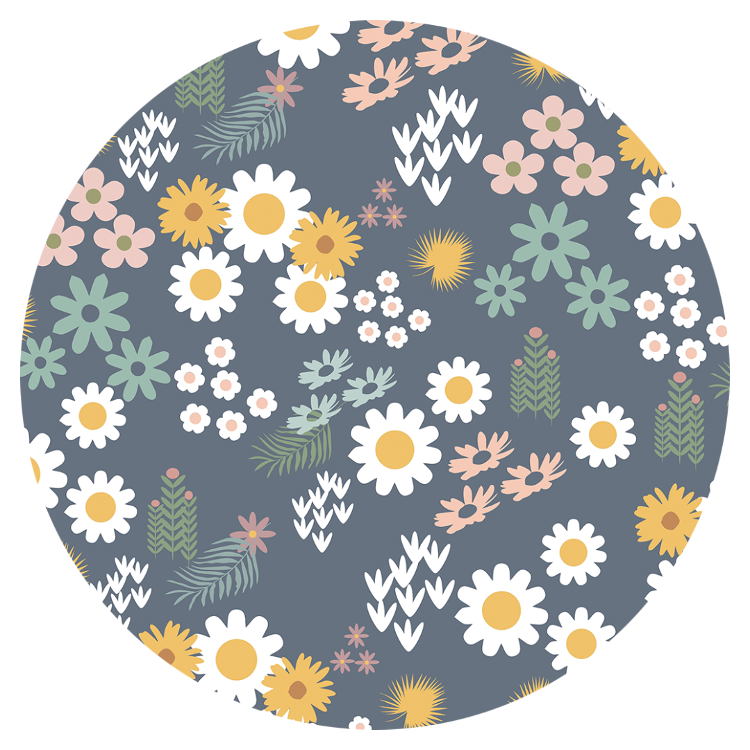 the "blue daisy" print is an arrangement of tons of different, colorful flowers scattered around a dark blue print. 