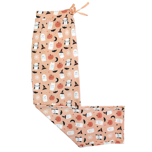 Flat lay of Boo-Tastic Halloween bamboo adult lounge pajama pants, hypoallergenic and breathable with ghost and pumpkin print.